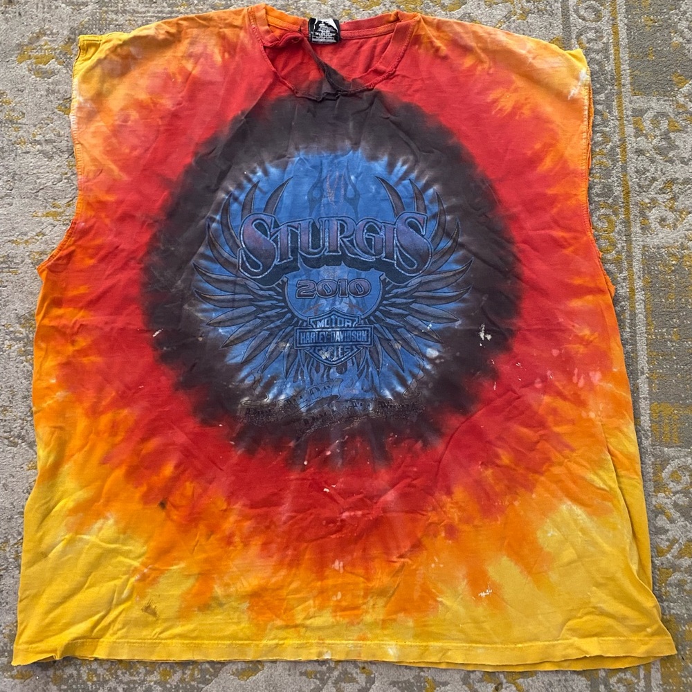 2010 Sturgis Harley Davidson Shirt
3XL/Cut off/Worn/Distressed
Tie dye / Biker
